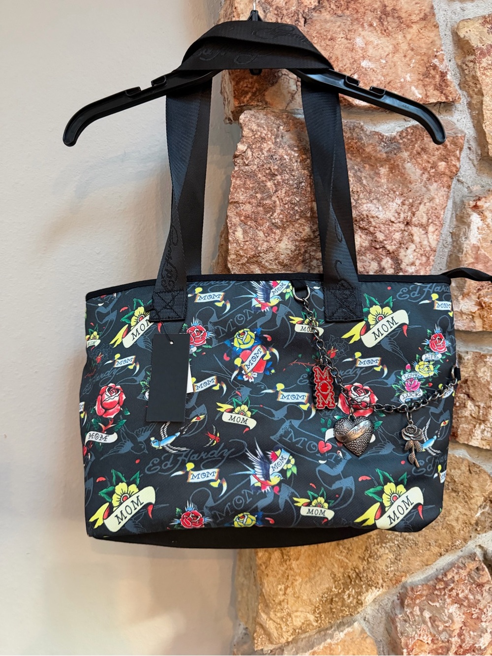 NWT Ed Hardy Black Floral 'MOM' Print Tote Bag with Charms
